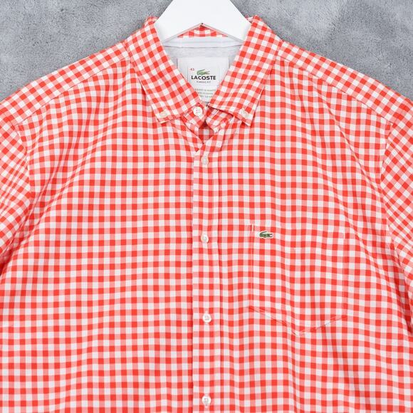 LACOSTE Classic Fit Gingham Check Button Down Shirt Short Sleeve Red Mens 43 XL - Picture 2 of 6